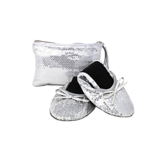 Silky Toes Women’s Foldable Ballet Flats - Portable Roll-Up Slippers for Purse, Travel, or Events - Comfortable Ballerina Shoes, C Sequins - Silver, X-Large