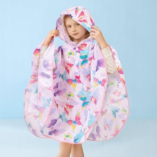 WAWSAM Kids Poncho Waterproof - Butterfly Rain Poncho for Girls - Lightweight Hooded Raincoat with Storage Bag - Portable Rainwear for School & Travel — view 2
