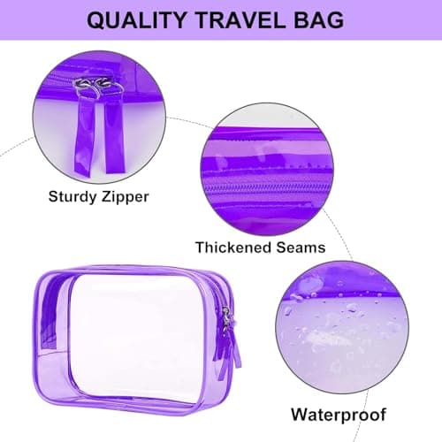 PLULON 2 Pack Clear Travel Toiletry Bag, TSA Approved Toiletry Bag Clear Makeup Bag Quart Size Portable Cosmetic Bags Carry on Travel Accessories Bag for Women Men - Purple — view 3