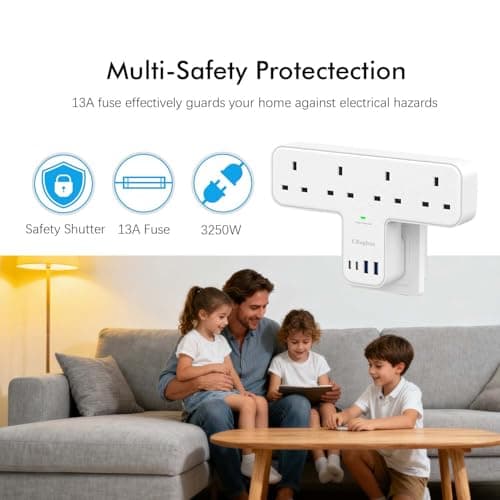 CRaghue Multi Plug Adapter, 8 in 1 Plug Extension Socket 4 Way with 4 USB, Plug Adapter UK, Wall Socket Plug Extender for School Home, Kitchen, Office, White — view 5