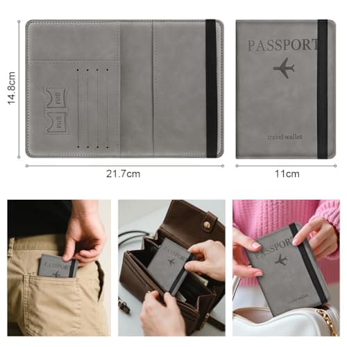 AOOSU Passport Holder Cover, PU Leather Passport Cover with RFID Blocking Travel Wallet, Portable Universal Travel Wallet Case Organiser for Money, Boarding Passes, Credit Cards Gray — view 2