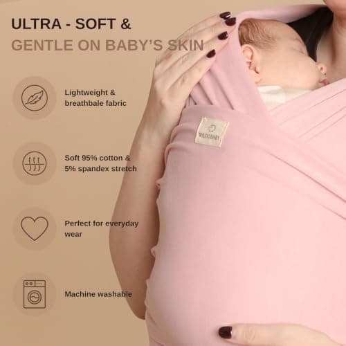 RYLOOBABY Baby Sling Carrier & Stretchy Baby Wrap – Newborn Baby Carrier 3.2–15 kg, Soft Cotton Hands-Free Babywearing Sling, Hip Healthy, One Size XXS–XXXL – Dusty Pink — view 4