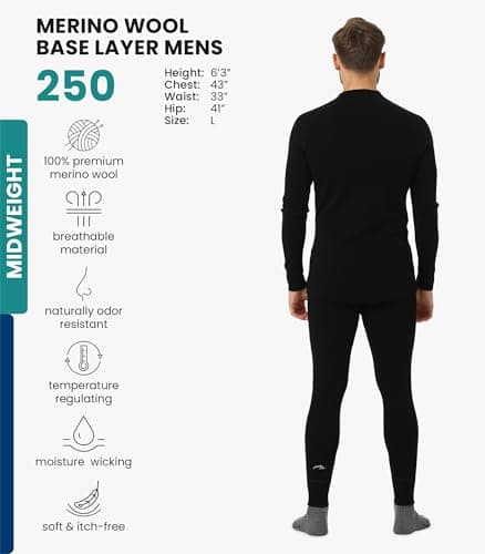 100% Merino Wool Base Layer Men Set - Thermal Underwear Mens + Hiking Socks (Medium, 250 Black Z Set) — view 2