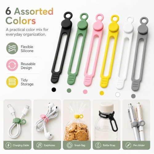 12 Pack Silicone Cable Ties Reusable Cord Organiser Multi-Colour — view 5