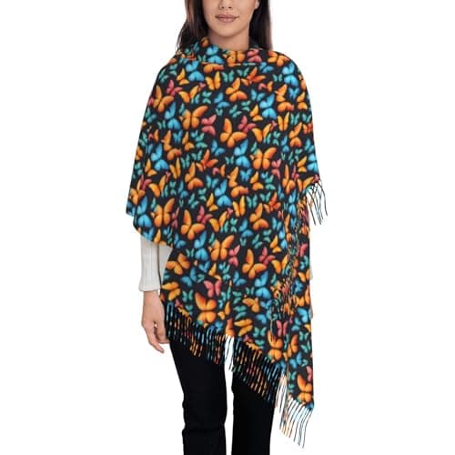 Colorful Butterfly Print Elegant Fringe Scarf Shawl Wrap For Women Winter Fall Spring Travel Accessory Gift — view 3