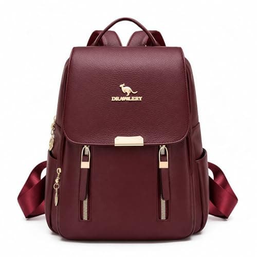 Drawelry Laptop Backpack for Women, Waterproof Large Bag with 4 Compartments and 8 Zip Pockets, Multifunctional Storage Casual Rucksack with Sturdy Handle, Chic Daypack for Travel, Work (Burgundy)