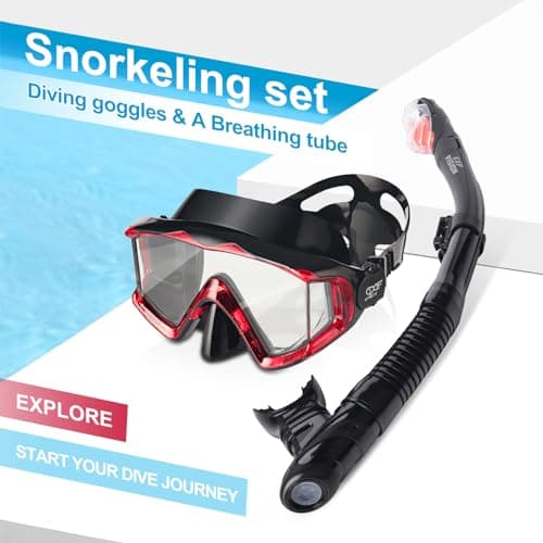 Dry Snorkel Set, Pano 3 Window Snorkel Mask, Anti-Fog Scuba Diving Goggles and Snorkel, Professional Adult Snorkeling Swim Mask Gear (Red Set) — view 6