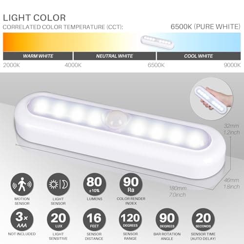 STAR-SPANGLED 7” LED Motion Sensor Lights Indoor AAA Battery, 3 Pack White — view 4