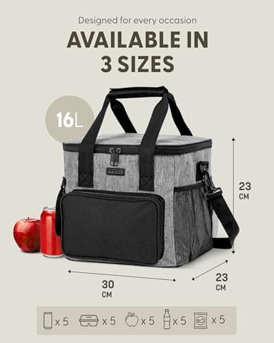 KEPLIN Insulated Cooler Bag 16L Waterproof & Leak Resistant with Shoulder Strap, Side & Front Pockets Portable Lunch Box for Picnic, Camping, Beach, Travel & BBQ, Outdoor Use, (30 x 23 x 23 cm), Grey — view 2