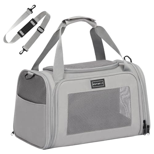 PETSFIT Cat Travel Carrier with Extendable Fleece Mat, Pet Carrier Airline Approved with Safety Leash for Puppy Up to 12 Lbs (44 * 26.5 * 27CM, Grey)