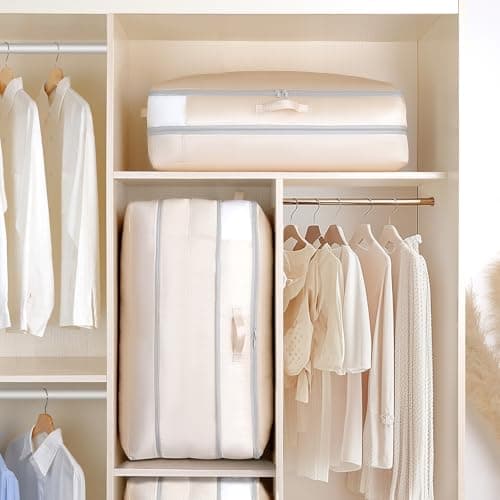 DIMJ 2 Pack Self-Compression Storage Bags 200L - Heavy Duty Duvet Organiser with Air Valves, Compress Bedding from 100L to 66L per Bag for Wardrobe, Travel & Moving | No Pump Space Saver (Beige) — view 5