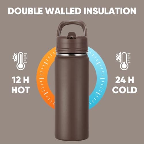 Fijinhom 18oz Insulated Stainless Steel Water Bottle with Straws, Double Wall Vacuum Insulated Bottles, Metal Thermo for Travel, Sports, Leak-Proof, BPA Free, Women & Men, Brown — view 6
