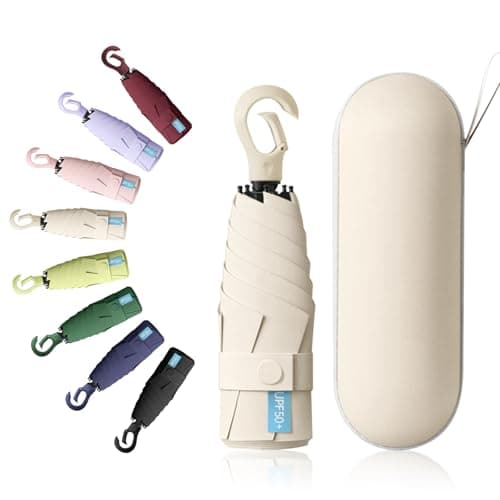 Detontek 6 Ribs Mini Travel Umbrella, Mini Folding Umbrella, Small Umbrella, Pocket Umbrella, Umbrella With Buckle Handle, Dual Purpose, With Storage Box (Beige)
