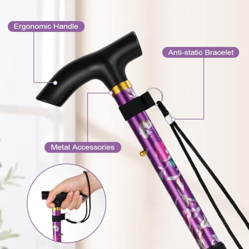 Flintronic Walking Stick, Folding Walking Stick, Adjustable Folding Walking Sticks, Collapsible Lightweight Flexible Stick, Comfortable Grip Durable Mobility Aid for Men Women, Purple Print — view 3