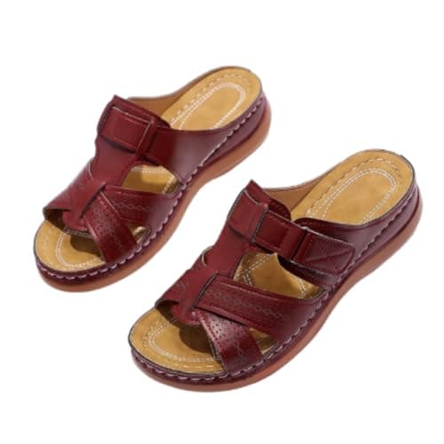 Orthopedic Wedge Sandals for Women, Arch Support Adjustable Straps Open Toe Platform Walking Shoes, Summer Flat Sandals (Burgundy,6)