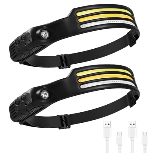 2PCS LED Head Torch, USB Headlamp Flashlight Rechargeable 2 COB 230°Wide Beam Headlight with Motion Sensor Bright 5 Modes Lightweight Waterproof Head Lamp for Outdoor Running, Camping Hiking