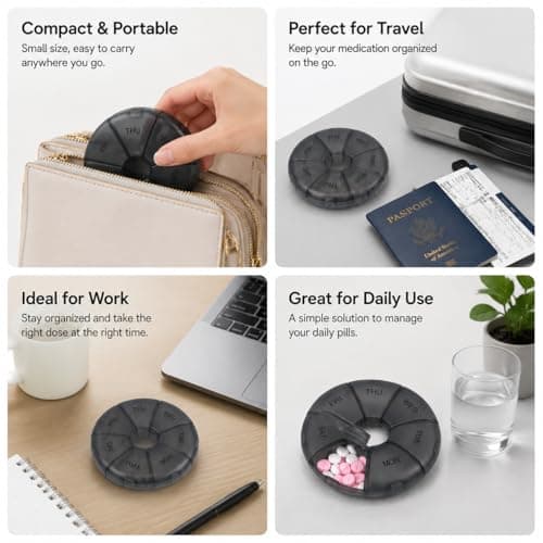 Weekly Pill Box Organiser, 7 Day Round Tablet Organiser, Easy Open Snap Shut Lids Portable Travel Pill Case, Black Medicine Organiser Tablet Box for Vitamins Supplements Medication — view 3