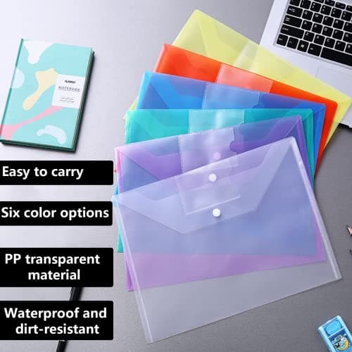 Plastic Wallets - 12 Pack A4 Folders Waterproof Plastic Wallets Document Folder Files Popper Wallets with Snap Button and Label for Home, Office, School and Travel — view 6