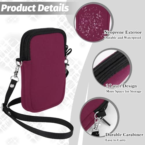 Phone Sock 2 Layers, Waterproof Neoprene Phone Pouch with Strap, Universal Shock & Impact Resistant Bag for Smartphone, Compact Sleeve Case fit to 7" for Travel Hiking, Gift for Men Women, Berry — view 2