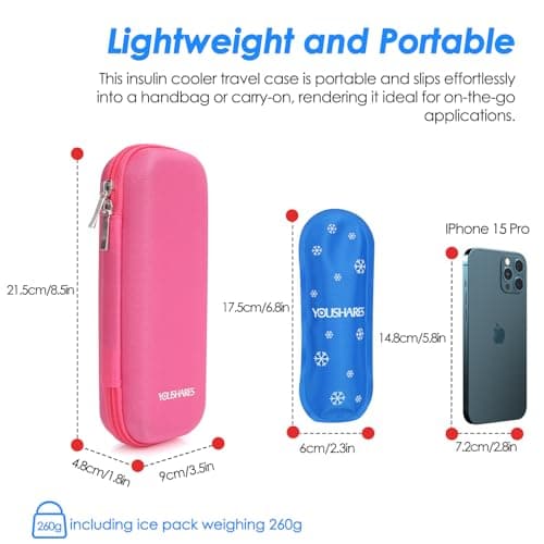 YOUSHARES Insulin Pen Cooler Travel Case - Medicine Travel Cool Bag with 2 Ice Packs, Keep Medicine Cool While Traveling 6-8 Hours for GLP-1 Wegovy Pens, Diabetic Supplies, Insulin Case (Pink) — view 3