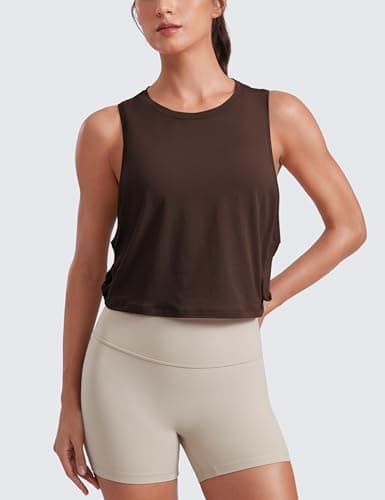 CRZ YOGA Pima Cotton Summer Gym Sleeveless Vest Tops for Women Light Elastic Running Crop Top Loose Crew Neck Yoga Shirt Hot Fudge Brown 14 — view 2