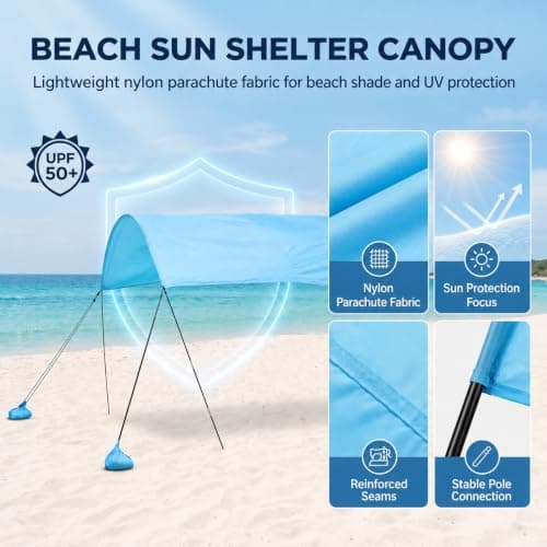 3m x 3m Beach Canopy Sun Shelter, Lightweight Beach Tent with Pre-Attached Sandbags & Thick Wind Ropes, Easy Setup Portable Beach Shade for Family, Garden & Outdoor (Blue, 3m × 3m) — view 3