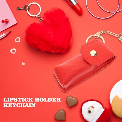 Zerodeko Lipstick Holder Red Pu Leather Keychain for Travel Use — view 4