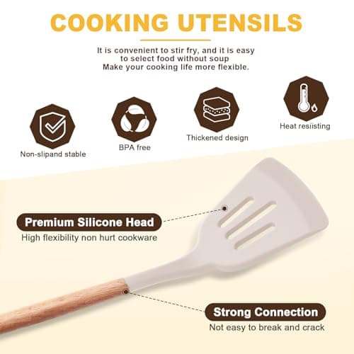 12 PCS Kitchen Utensil Set, Silicone Cooking Utensils with Holder, Natural Wooden Handle Cookware Tongs Spatula Spoon Set, Non Stick & Heat Resistant, Dishwasher Safe (Khaki) — view 3