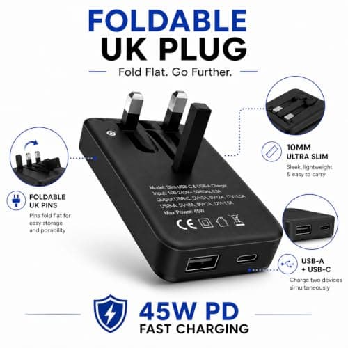 45W USB C Charger, Ultra Slim USB C PD & USB A QC 3.0 Fast Charger, Dual Port Folding UK Plug Power Adapter, Portable Wall Charger for iPhone, for i-Pads,for Samsang & Android Phones — view 4