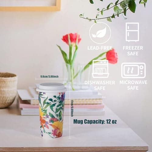 Floral Travel Coffee Mug 12 Ounce Flower Tumbler with Lid, Ceramic Travel Cup Tall Tea Cup Water Bottle with Beautiful Flower Prints Vintage Blooming Bouquet For Women Sister Friends Mom, Modern Gift — view 2