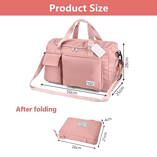 Duffel Bag, Foldable Overnight Weekend Bags for Women, Lightweight Hospital Bag with Wet and Dry Separation Bag, Large Holdall/Cabin/Gym Bag for Sports and Travel - Pink — view 3