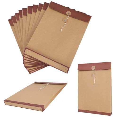 10Pcs A4 Large Kraft File Folder Foolscap Brown Gussetted Envelope Portfolio Organiser Portable Paper Document Project Pockets with String Closure Office School for Bills Receipt Bag Pouch Self Seal