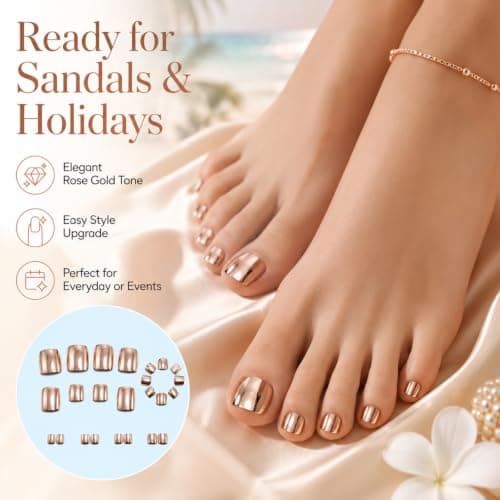 Rose Gold Chrome Press On Toe nails, Short Square Fake Toenails with Glue — view 5