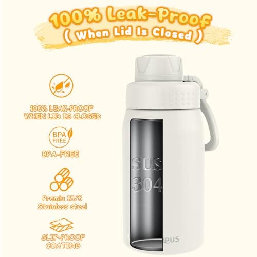 GOPPUS 420ml/15oz Kids Insulated Water Bottle with Screw Lid (No Straw) Stainless Steel Toddler Bottle School Flask Girls Boys Drinks Cup with Handle & Leakproof & Keep Drinks Cold (Beige) — view 5