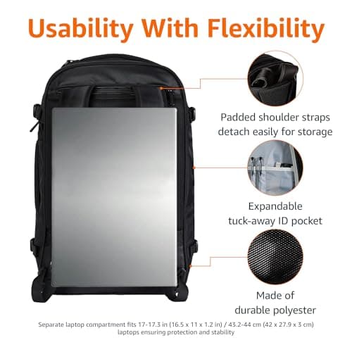 Amazon Basics 40L Travel Backpack, Cabin Hand Luggage (51x38x20cm), Padded Straps, 17" Laptop Compartment, Organized Pockets - Black — view 2