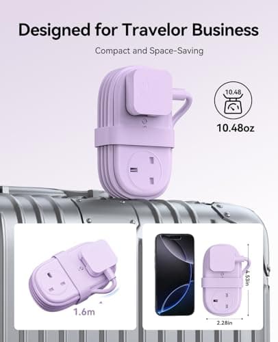 ORICO 65W GaN Travel Extension Lead with USB Slots (2 USB-A/2 USB-C), Flat Plug Power Strip with 2 Way Plug Extension Socket and 1.6M Extension Cord, Fast Charger for MacBook/iPad/iPhone - Purple — view 4