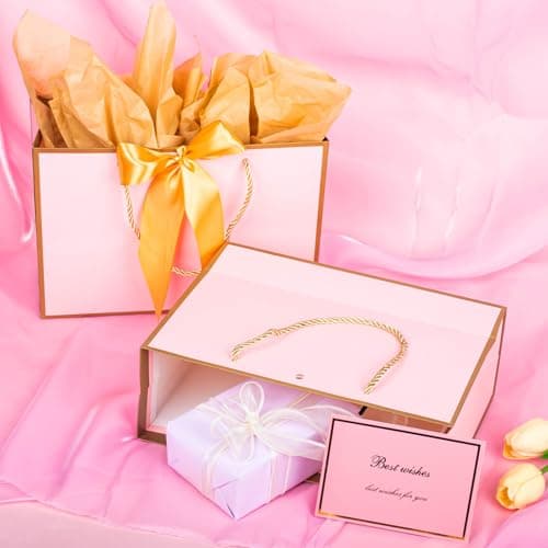 Pink Gold Gift Bags with Handles, 3pcs Medium Paper Present Bags with Bow Ribbon Tissue Papers and Greeting Cards, 28 * 20 * 10cm Gift Bag for Christmas Birthday Wedding Valentines Bridesmaid — view 4