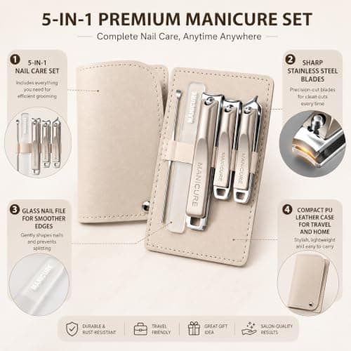 5PCS Manicure Set, Stainless Steel Nail Clippers Kit with Glass Nail File, Portable Pedicure and Grooming Tools in PU Leather Case for Travel and Home - Beige — view 4