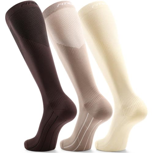 FITRELL 3 Pairs Compression Socks for Women and Men 20-30 mmHg Travel Flight Socks Medical Knee High Socks for Sport, Flying, Carers, Nurse, Pregnant Women, Varicose Veins, Brown+Apricot+Khaki, S/M