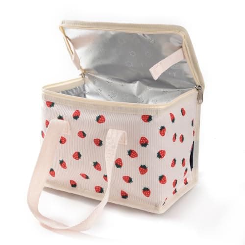 TEAMOOK Foldable Lunch Bag Insulated Lunch Box Water-Resistant Leakproof Soft Cooler Bag 8-10 cans Beige Strawberry