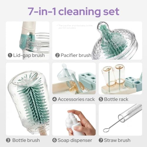 lalalark 7-in-1 Baby Bottle Brush Set, BPA Free Silicone Baby Bottle Cleaning Kit with No Scratch Dual-Headed Brush, Nipple Brush,Soap Dispenser & Drying Rack,Travel Cleaner Set with Storage Case,Mint — view 4