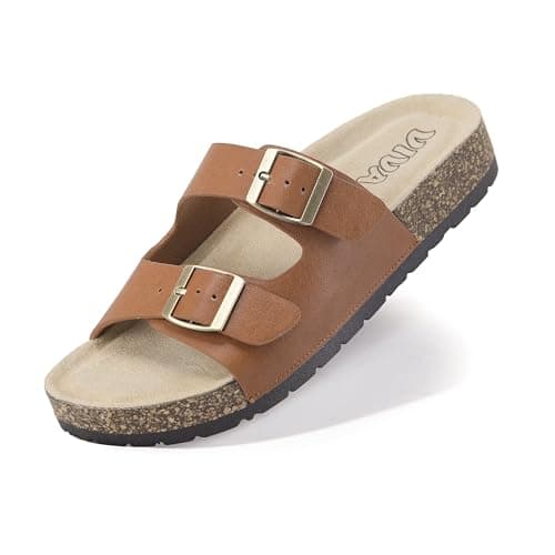 VIVASHOES Women’s Double Buckle Cork Footbed Sandals - Adjustable Flat Slide Sandals for Ladies - Comfortable Open Toe Summer Slippers - Mocha UK 5 — view 2