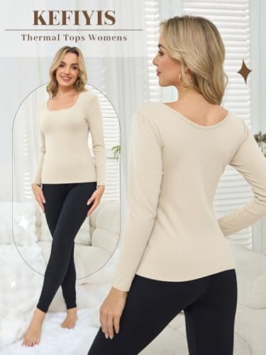 Kefiyis Thermal Tops Womens Long Sleeve Thermal Underwear Womens Elasticity Thermals Shirt Winter Warm Base Layers Beige S — view 3