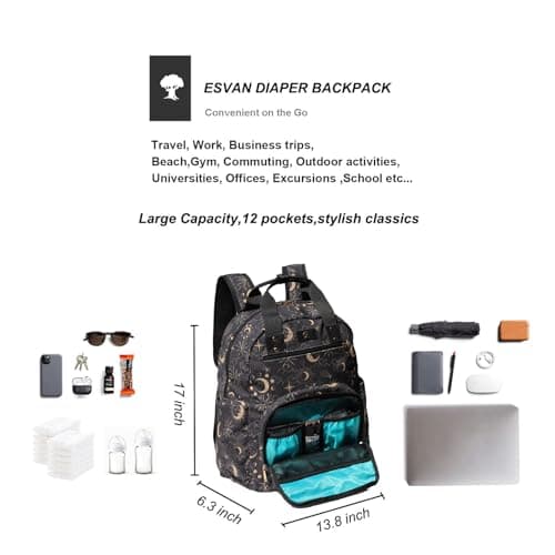 Diaper Backpack Large Capacity Multifunctional Baby Essentials Travel Pack Linen Canvas Laptop Bag, Corduroy Black Moon, L, Back Side Sleeve — view 3