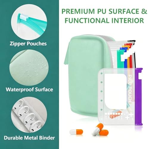 A8 Waterproof Pill Organizer Set with 14 Color-Pill Pouches, 7-14 Day Travel Pill Organizer Pouch, Large Weekly Travel Medicine Organizer, Portable Reusable Binder Design Zippered Pill Storage Box — view 3