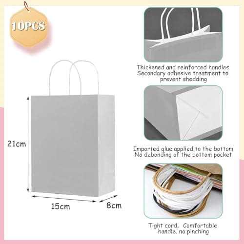 SHUBEIEUMI 10Pcs Kraft Paper Bags with Handles-Silver Grey — view 2