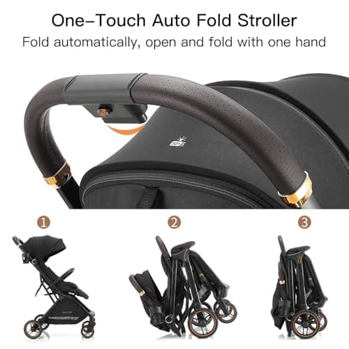 Gromast Gravity Folding Baby Stroller - Portable Travel Toddler Stroller w/Adjustable Backrest, Canopy & Cup Holder, Lightweight and UV Protected, One-Hand Automatic Folding - Black — view 2