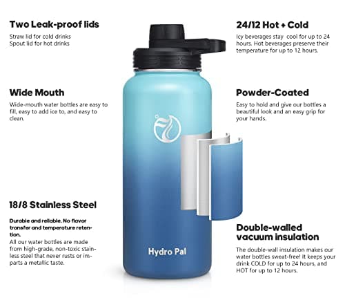 HydroPal Vacuum Insulated 1L Stainless Steel Water Bottle with Dual Lids — view 2