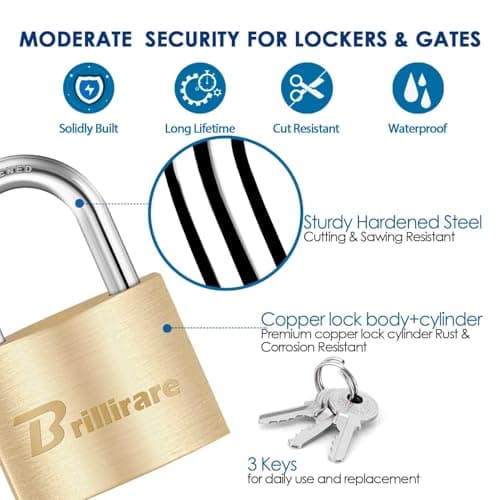 4 Pack Luggage Locks with Keys, Brass Padlock, Solid Copper Travel Waterproof Keyed Lock Unbreakable, Outdoor Metal Lock for Lockers, Bags, Backpack, Gym, Gate, Toolbox-Golden — view 3