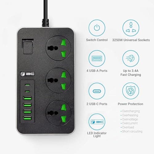 iBlockCube Universal Extension Lead with 6 USB Ports | 2 Meter Cable Power Strip Surge Protector, Wall Adapter Power Hub w/Switch | Fuse & Shutter, 3 Way Gang Socket Electrical, UK Plug (Black Gray) — view 2